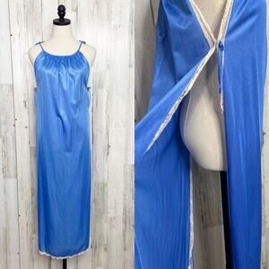 Vintage Split Side Nightgown Blue Lace Lingerie Nightie Lounge Boudoir Size S